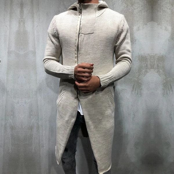 

men's casual long solid color hooded sweater male fashion zipper slim knit cardigan, Black;brown