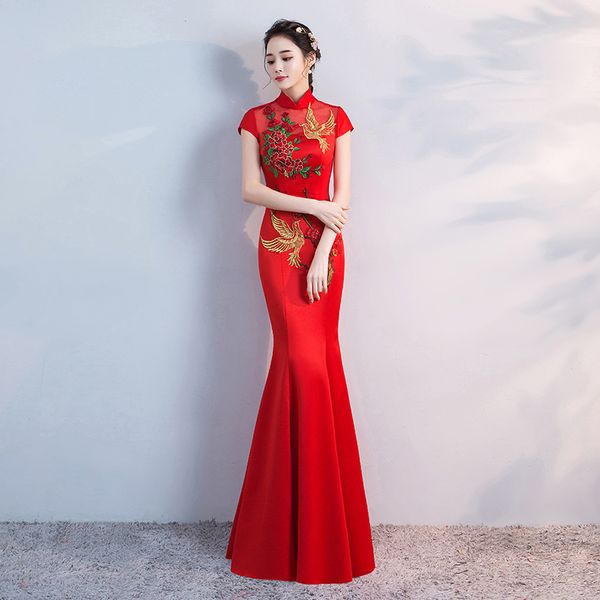 

red women mermaid long party dress cheongsam chinese style embroidery elegant new prom dress ball gown vestido s-xxl