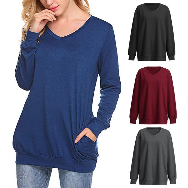 

womens long sleeve tunic casual sweatshirts v neck long section slim wild pullover roupas femininas#30, White