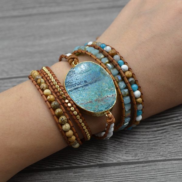 

European and American retro foreign trade natural sea stone bracelet string beads natural stone weaving pure handmade bohemian string
