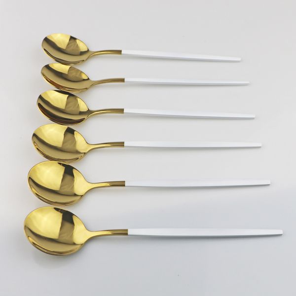 

6pcs white gold dessert spoon set long handle mirror spoon cutlery flatware 304 stainless steel tableware kitchen accessories