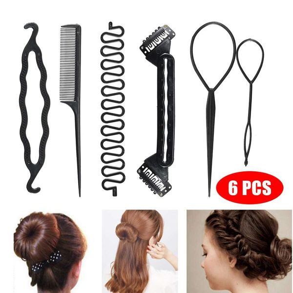 

6pcs 5kinds magic fashion hairdressing combs braiders tools diy hair loop twist styling hairdressing straight hair braiding tool, Brown
