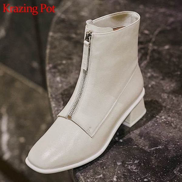 

krazing pot cow leather wooden thick med heels career lady round toe handmade keep warm big size front zipper ankle boots l7f3, Black