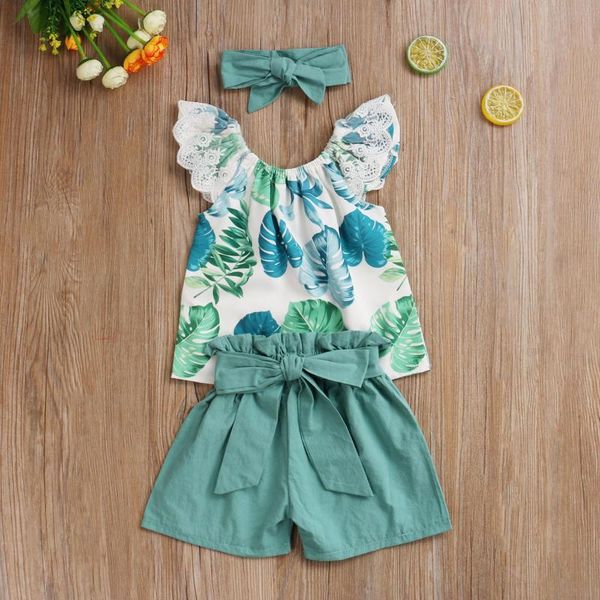 

kids girl 3pcs outfit set loose flamingo leaves pattern short sleeve short dot ruffle elastic band pants+bow hair band, White