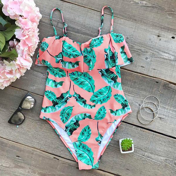 

cupshe rozen maiden leaves print ruffled falbala one piece swimsuit summer bikini set ladies beach bathing suit swimwear, White;black