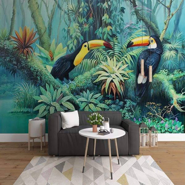 

custom 3d p wallpaper hand painted tropical rainforest plant flower bird background wall painting living room bedroom mural