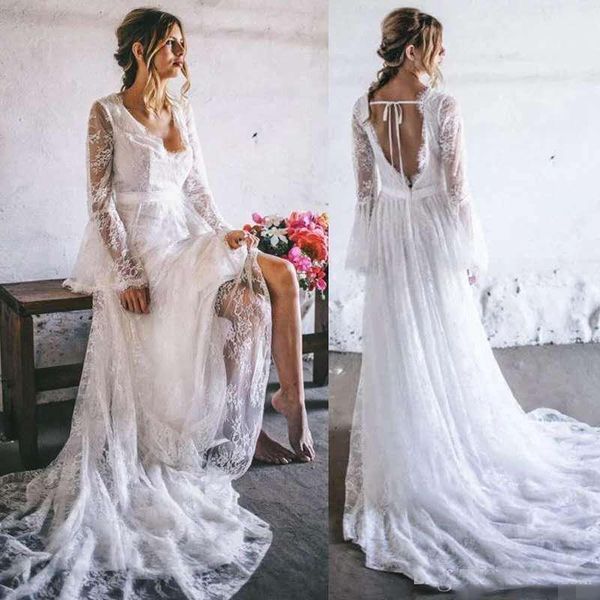 

2019 Boho Beach Wedding Dresses Lace Long Flare Sleeves Bridal Gowns V Neck Backless High Quality Vestido De Noiva