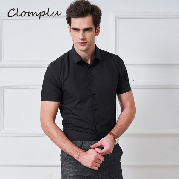 

clomplu summer shirt work business social dress shirts men solid fit plus size clothing black short sleeve, White;black