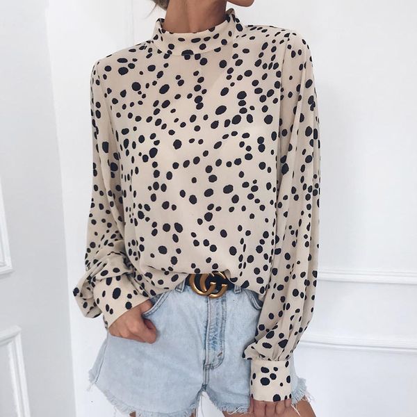 

women blouses for women polka dots office turtleneck casual loose elegant blouse shirt korean lantern sleeve style winter, White