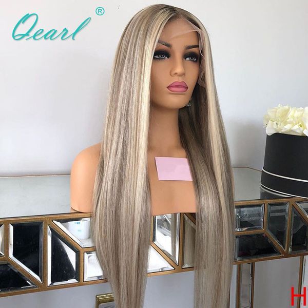 

ashy grey blonde highlights lace front wig straight human hair wigs brazilian remy hair 13x4 bleached knots 130% 150% long qearl, Black;brown