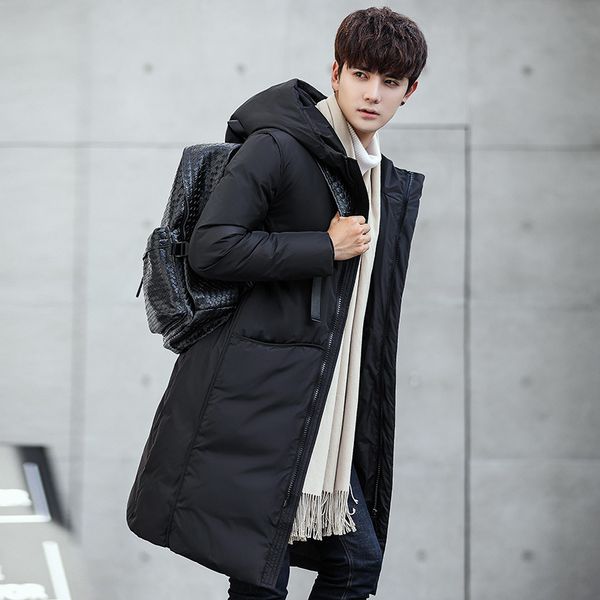 

winter casual men mid-length down jacket fashion simple loose-fit men's coat solid color warm cold men's wear, Black