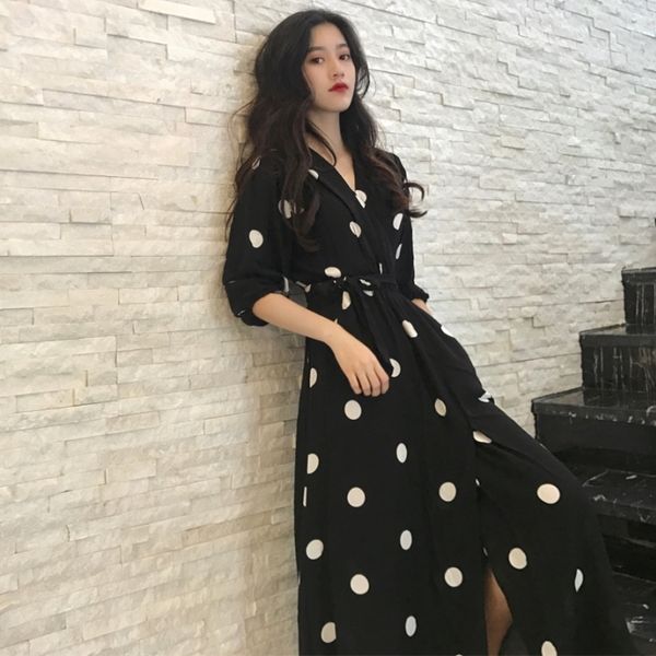 

superaen summer women's dress korean style fashion v-neck ladies long dress casual half sleeve dot dress female new, Black;gray