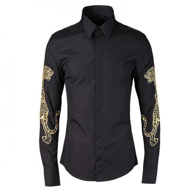 

mens shirts luxury embroidered tiger mens dress shirts plus size 4xl hand-painted long sleeve 100% cotton man, White;black