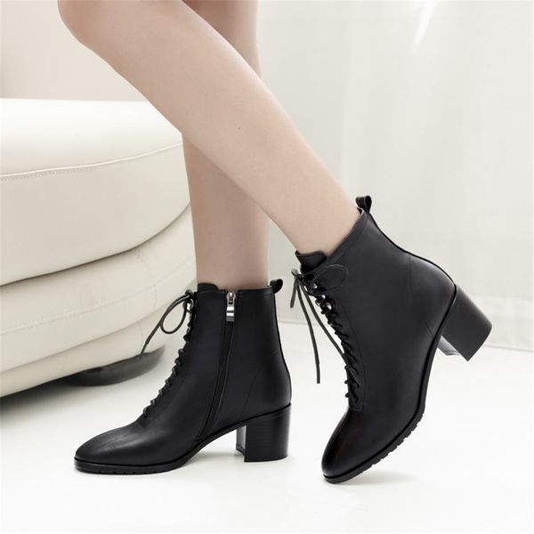 

lapolaka brand plus size 43 genuine leather chunky heels shoes woman shoelaces elegant office autumn winter ankle boots, Black