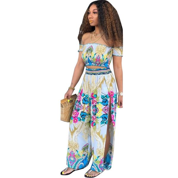 

women floral print slash neck two piece set bohemian crop side split lantern pants suit tracksuit outfit, White
