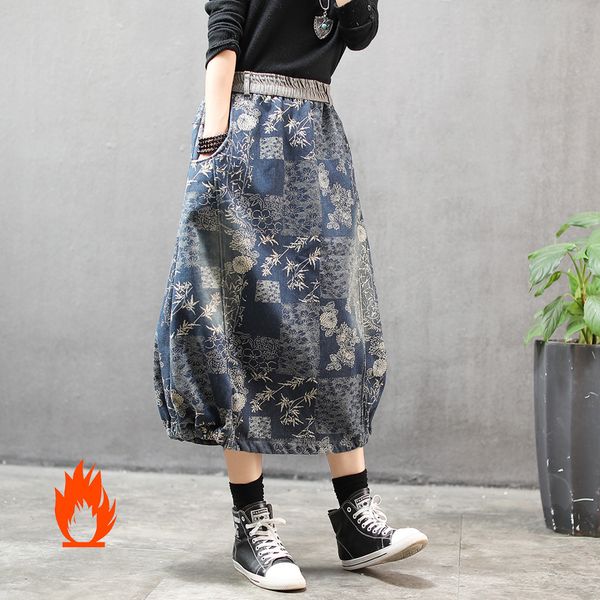 

women denim skirt long big loose elastic waist print retro vintage fashion fleeced thick for autumn winter az53192820, Black