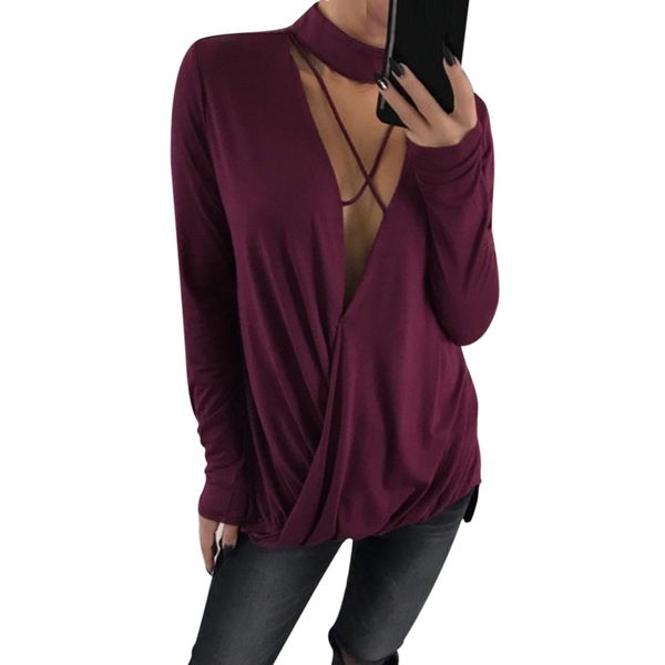 

shirt women casual choker deep v-neck solid blouse long sleeve loose womens and blouse women blusas mujer de moda 2019, White
