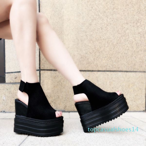 

2020 summer new korean fish mouth women's shoes in the wedge with increased female sandals muffins bottom thick roman shoes 13cm t14, Black