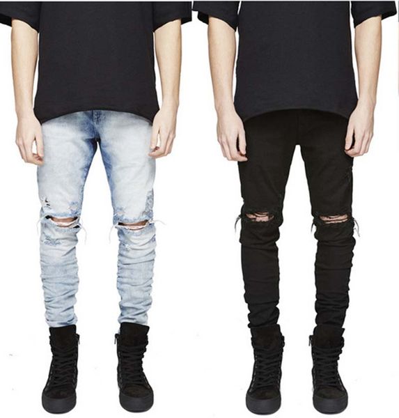 

mens skinny biker jeans denim knee hole hiphop pants washed middle waist high quality, Blue