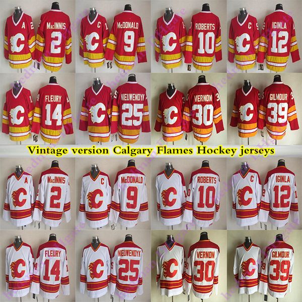 

мужские майки calgary flames vintage version 14 fleury 12 iginla 9 mcdonald 39 gilmour 25 nieuwendyk 30 vernon 10 roberts ccm hockey jersey, Black;red