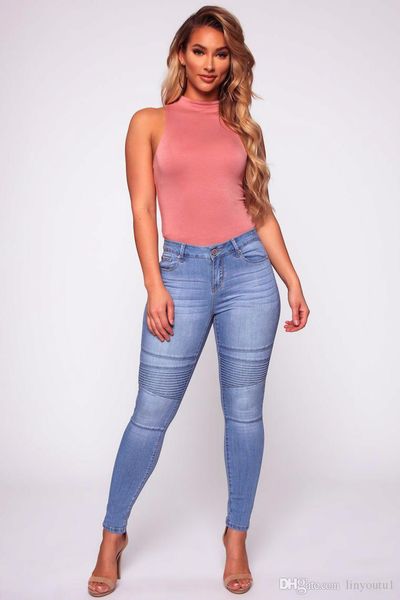 

2020 women`s motorcycle biker zip mid high waist stretch denim skinny pants motor jeans for women pencil pants 2019, Blue