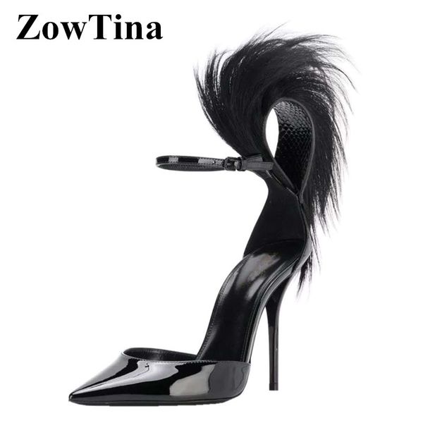 

black patent leather women dress pumps ankle strap high heels formal party shoes feather decor zapatos mujer pointed toe sandals
