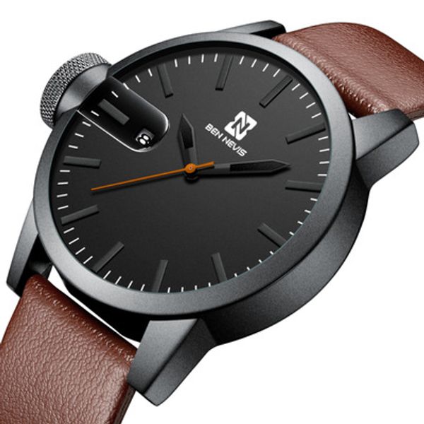 

bennevis sports watch for men casual calendar watch men quartz genuine leather relogio masculino, Slivery;brown