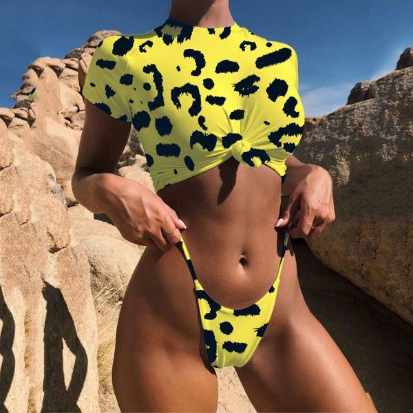 

knot crop bikini set 2019 leopard swimwear women yellow brazilian swimsuit female t-shirt thong bikini swimming new, White;black