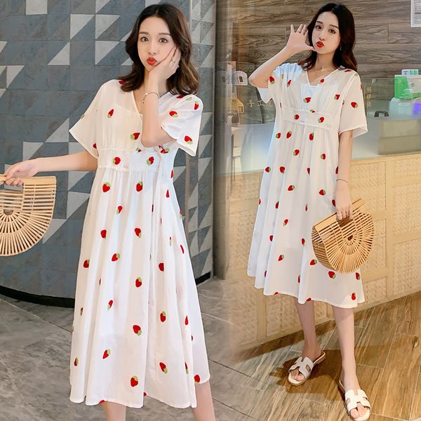 

maternity dresses 2pcs set summer dress pregnant mother loose floral print short sleeve clothing for women pregnance clothes, White