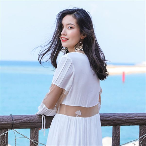 

maternity dresses fashion summer women patchwork chiffon dress embroidery mesh flowers lace beach holiday eegant, White
