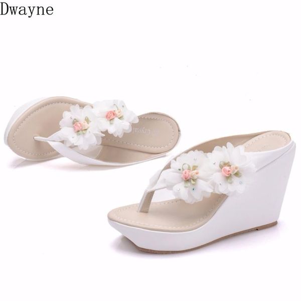 

2020 new large size bohemian style wedge sandals beach flip-flops white high heel sandals sweet simple ladies slippers, Black