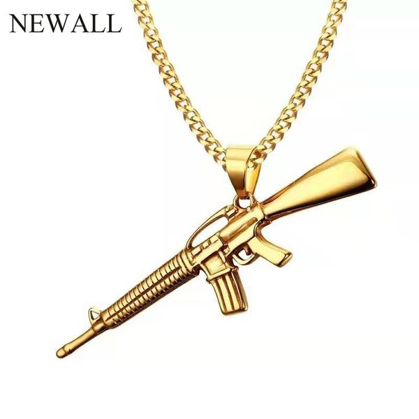 

newall stainless steel men machine gun pendant necklace pearl chain gold gift male necklace punk fashion jewelry korean fashion, Silver