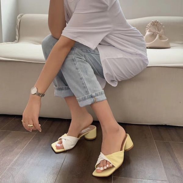 

shoes med multicolored sandals woman's slippers square heel slides shose women 2020 block summer hoof heels pu, Black