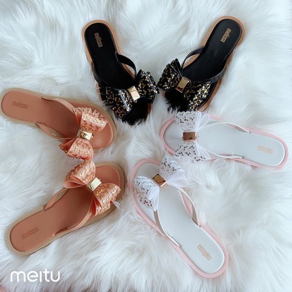 

2020 new melissa women slippers bow slides summer beach shoes woman slippers ladies melissa sandals 36-39, Black