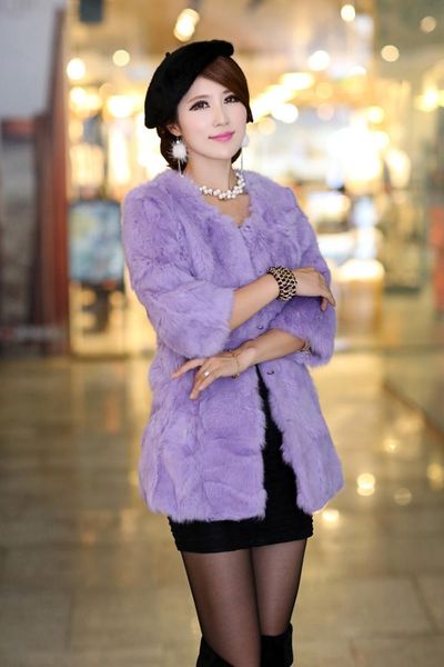 

large size m - 6xl real fur coat women medium long o neck three quarter sleeve natural fur women winter coat outerwear, Black