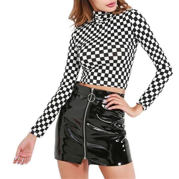 

plaid knit t shirt women 2018 spring new checkered high neck long sleeve slim t-shirt ladies party wear cotton crop, White