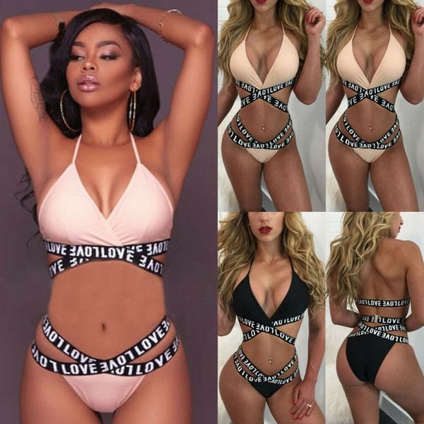 

2019 bikinis set women bandage bikini set push-up padded bra swimsuit love letter swimwear bathing suit, White;black