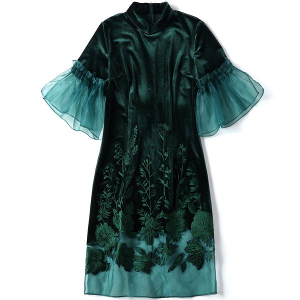 

embroidery solid color chinese party cheongsam velvet vintage dress for lady, Red