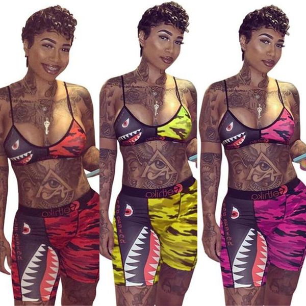 

2019 women ethika swimwear tie up bra +shorts pants swimming trunks 2 piece tracksuit patchwork shark camo colors swimsuit bikini a21804, Blue