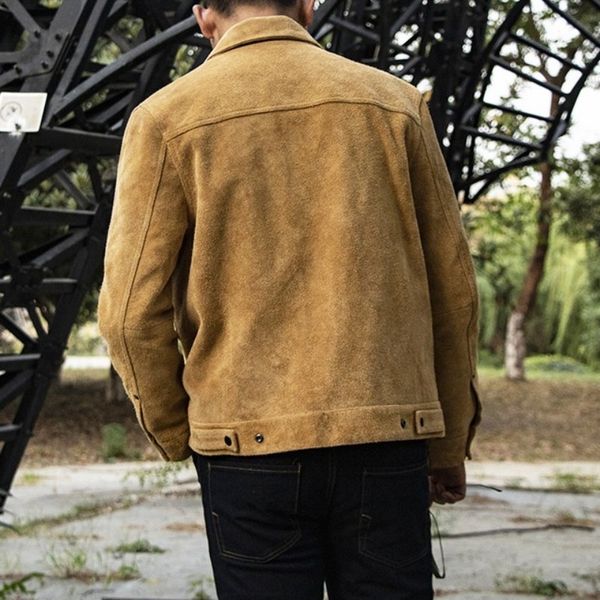 

men's leather & faux vintage mens genuine male single breasted cow suede jacket casual motor bikers cargo coat, Black