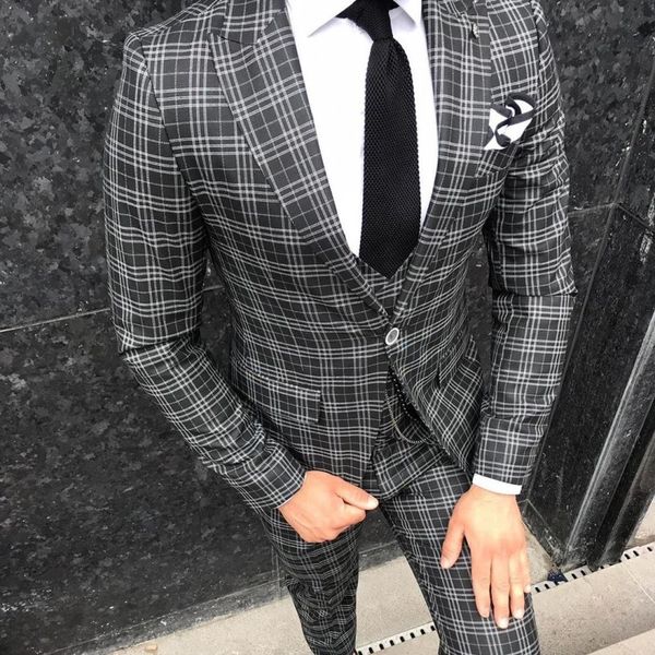 

high fashion damier check groom tuxedos groomsmen peaked lapel man suit wedding men's blazer suits custom made (jacket+vest+pants, Black;gray