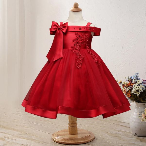 

europe and america childrenswear selling performance dress performance clothing off-shoulder bow girls formal dress, Red;yellow
