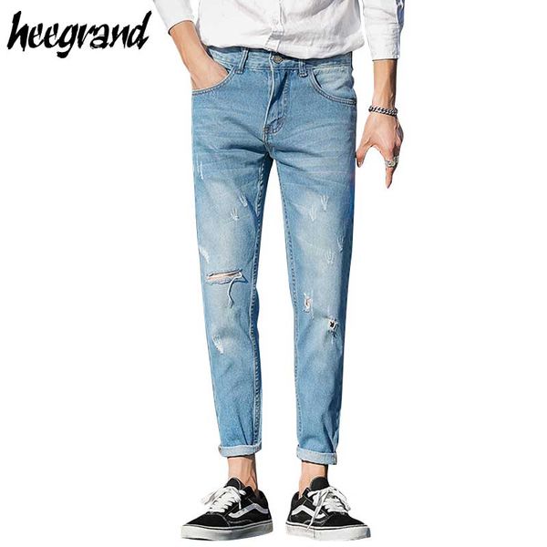 

hee grand men hole jeans 2016 new fashion men's harem light blue distressed jeans slim fit denim pants summer style mkn782