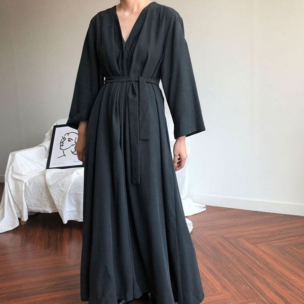 

korean stykle long dress women new spring 2020 v-neck single breasted ladies dress solid color women clothing casual v628, Black;gray