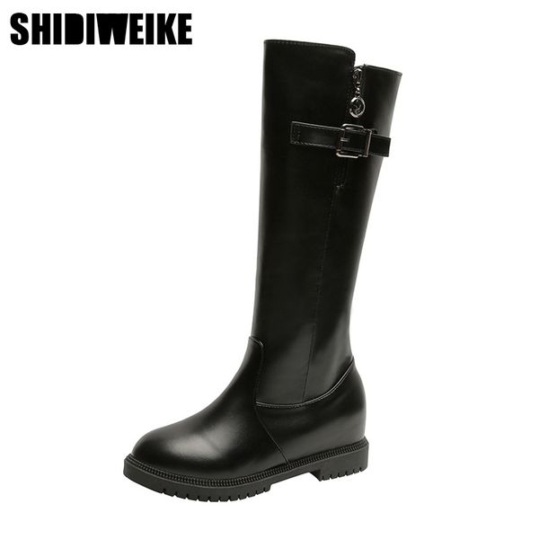 

2019 fashion new pu leather long boots woman motorcycle boots belt strap metal flat heel knee high x404, Black