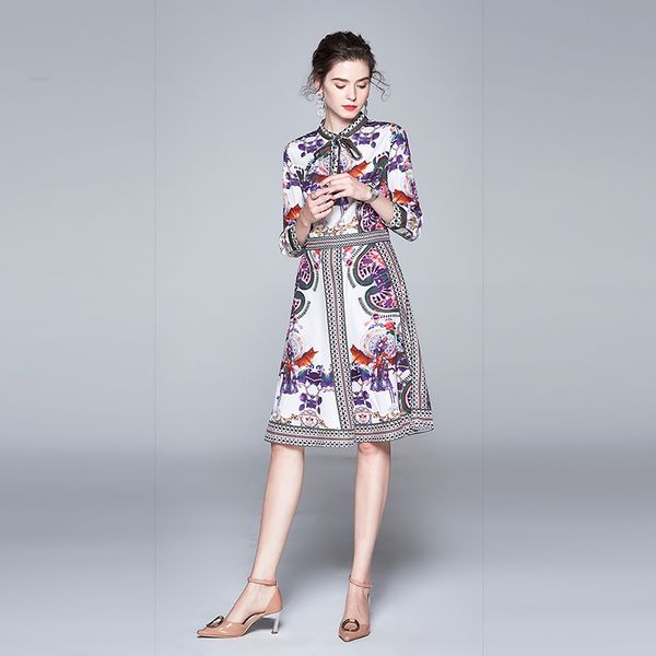 

2020 luxury runway designer dress women long sleeve white floral bow neck printed party prom ladies button shirt dress office dresses, Black;pink