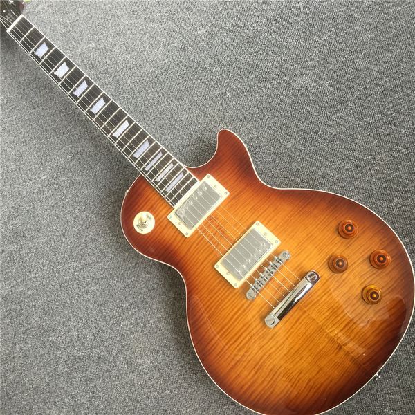 

021 6 string electric guitar, mahogany body with flamed maple sunset burst paint,