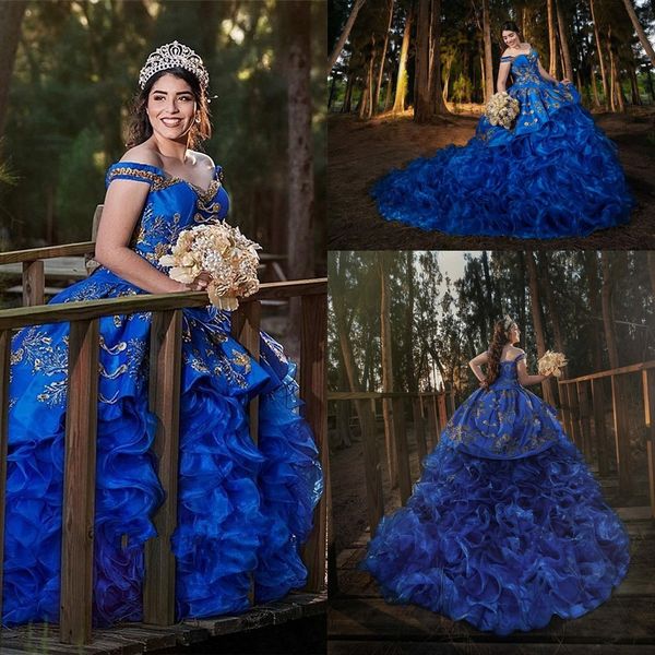 

королевские синие оборки многоуровневая юбка платья quinceanera 2019 золотое кружево вышивка бальное платье сладкие аппликации соблазнительн, Blue;red