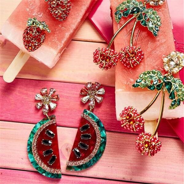 

juran new arrivals fruits earrings girls cherry pineapple watermelon statement earrings gifts crystal drop earrings for women, Silver
