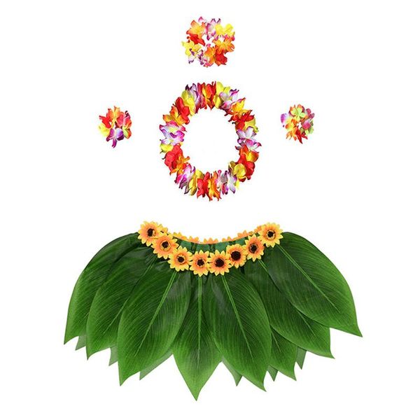 

5pcs grass skirt hawaiian hula skirt costume set with artificial flower green leaves colorful classic for luau party costume